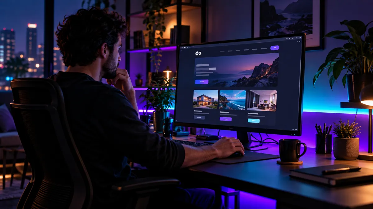 Pessoa trabalhando à noite em um home office, criando um site no computador